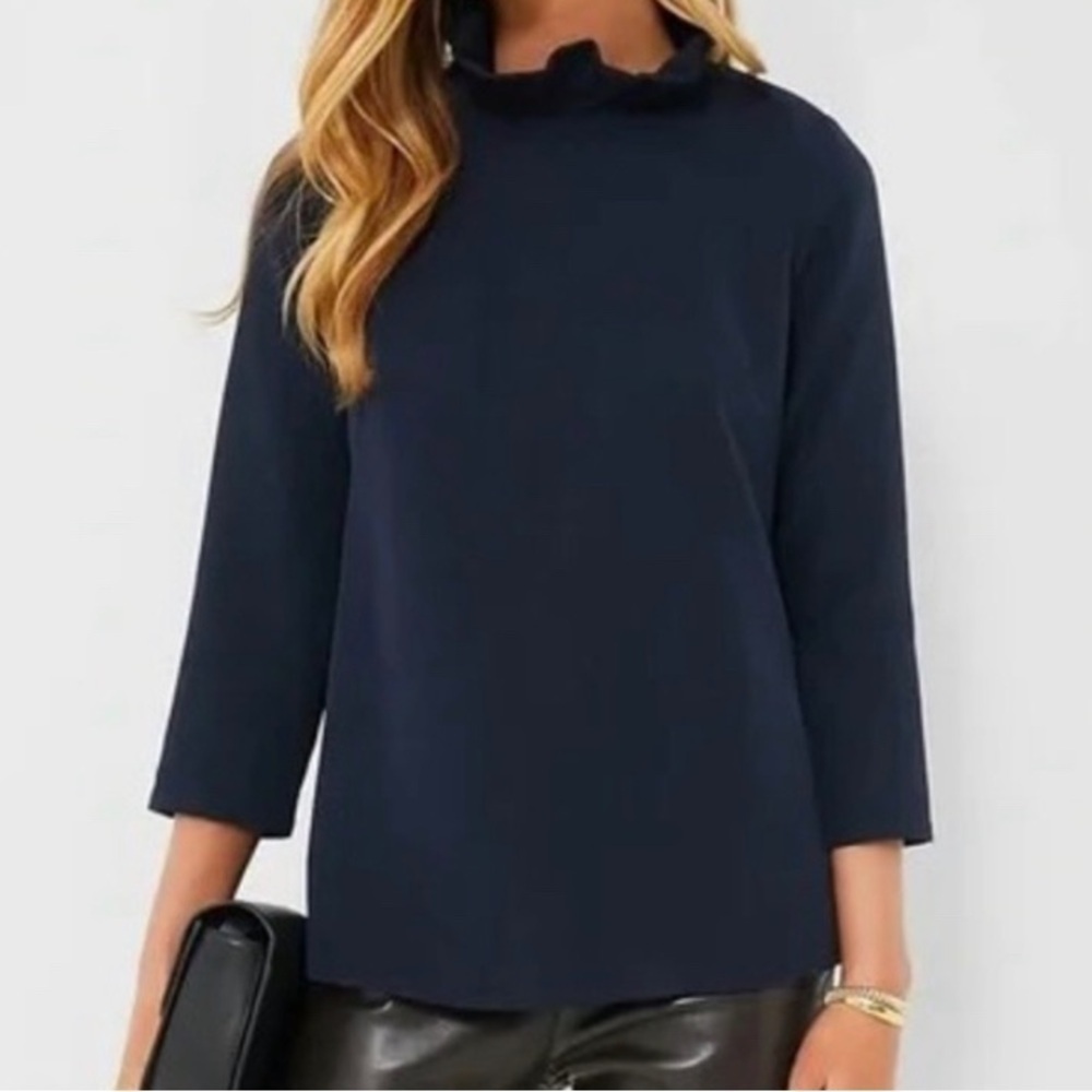 Tuckernuck Faye Bow Blouse Top Women’s XXS Navy Blue Preppy Feminine Modest NEW